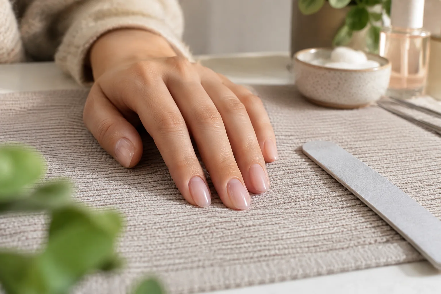 帶有簡單凝膠造型的手指放在美甲工作墊上